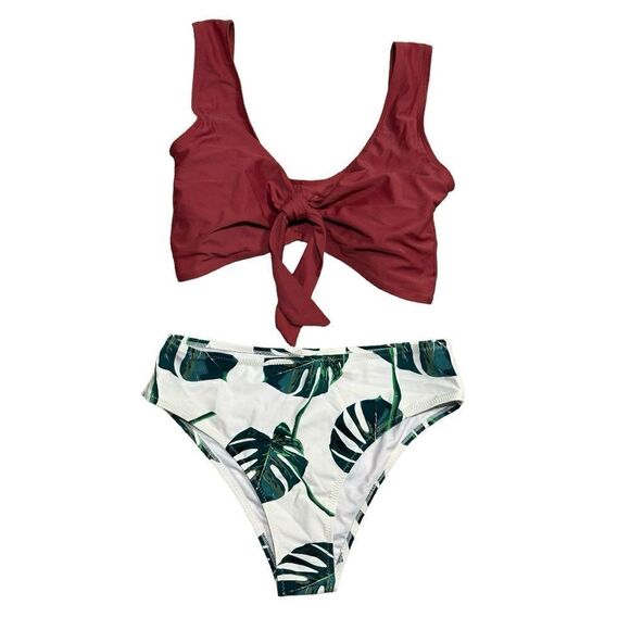 Shein Rust White and Green Leaf Bikini Size Medium - Picture 3 of 3